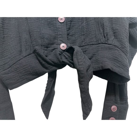 Free People Tie Front Button Down Blouse Large Black Gauze Long Sleeve Dark Boho - Picture 13 of 15